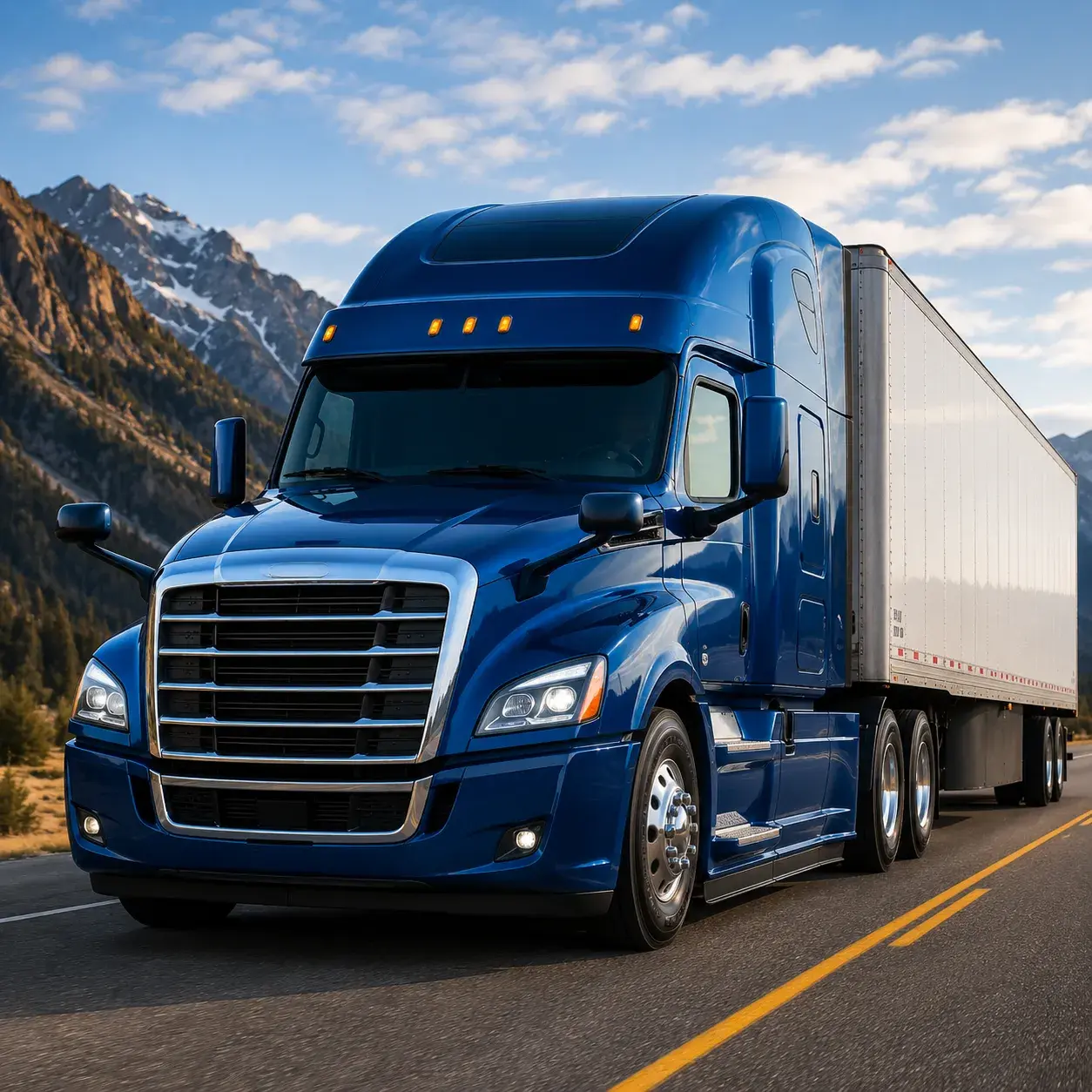 Blue semi truck pulling a dry van trailer on a highway